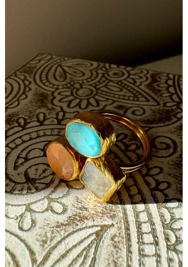 Anillo Bronce turquesa, gris y melocotón